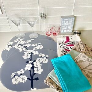 Grey White Blossoms Placemats Set, martini glasses, tea towels, shooter glasses